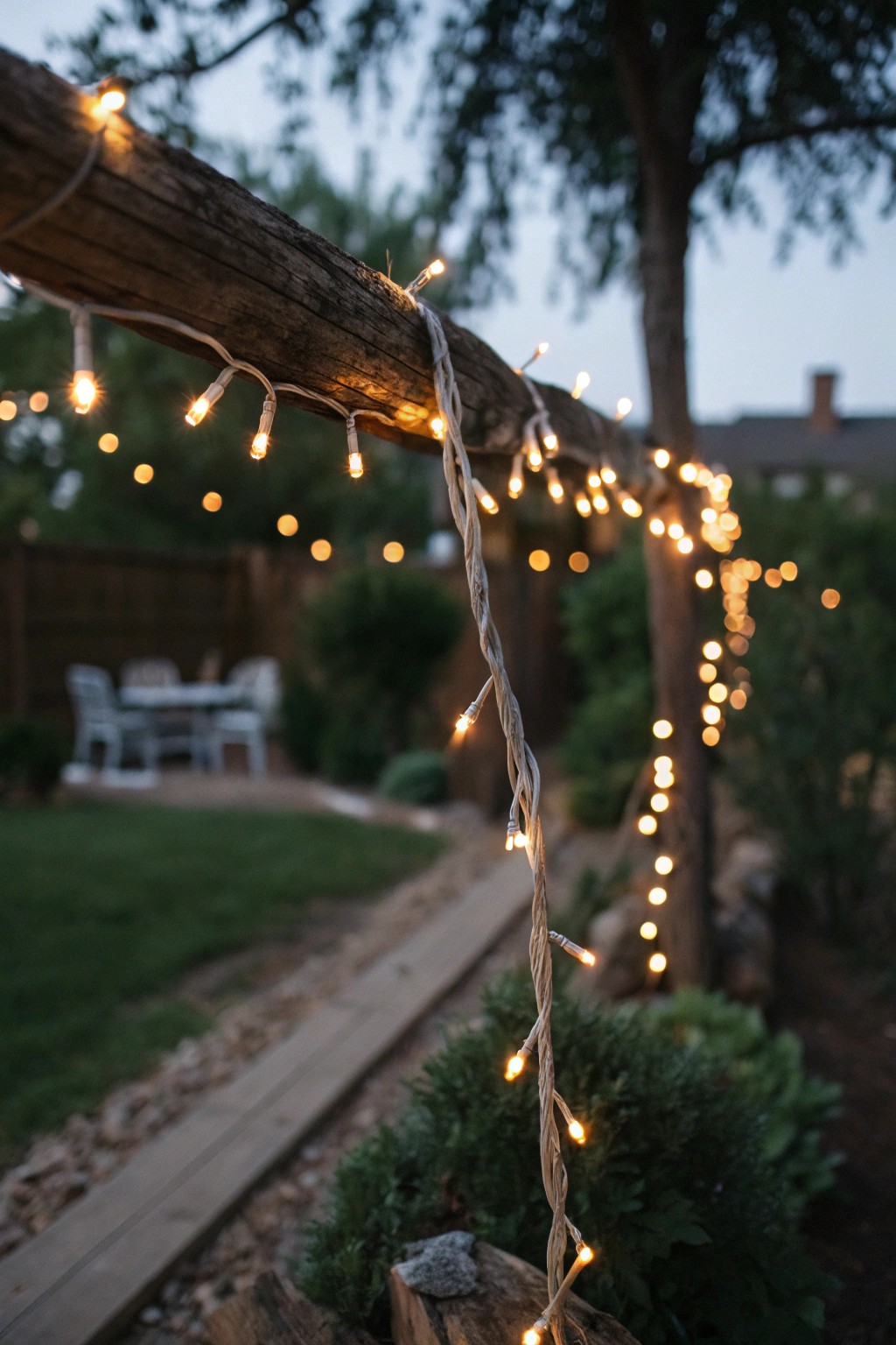 Transform your garden with the soft glow of twinkle lights.