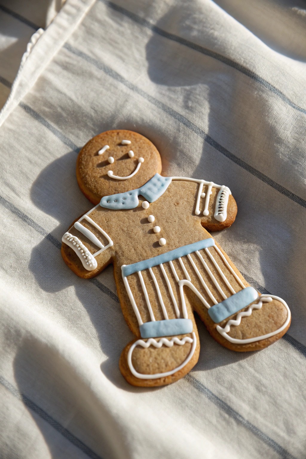 Cozy up with a gingerbread man in striped pajamas—simple, sweet, and ready for a holiday movie night.