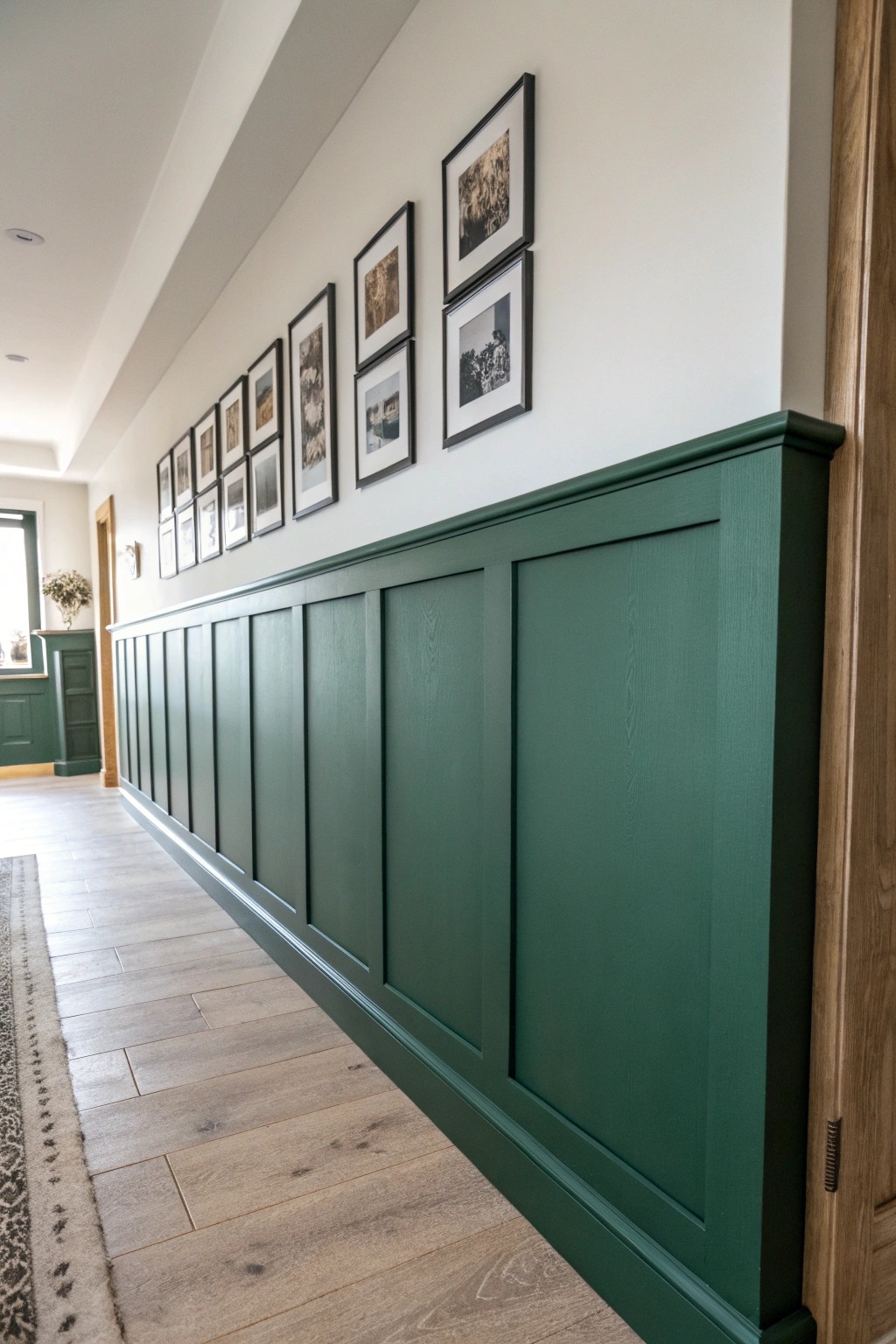 Moody green paneling transforms your hallway into a work of art.