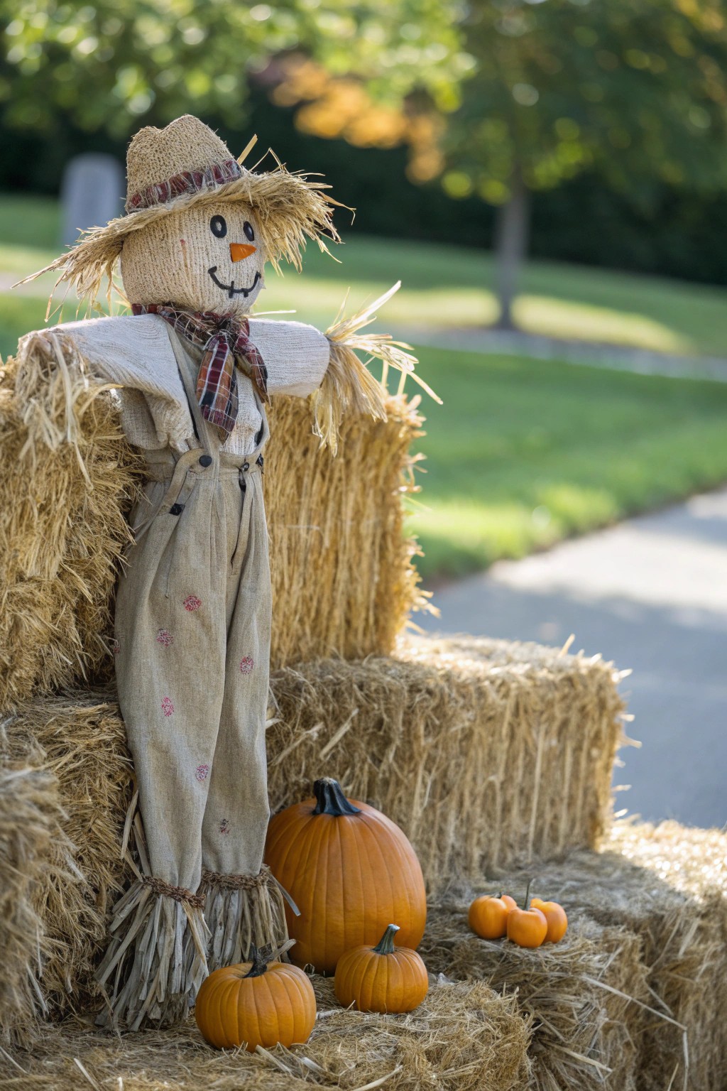Handmade scarecrow surrounded by corn stalks and pumpkins—charmingly rustic Halloween vibes.