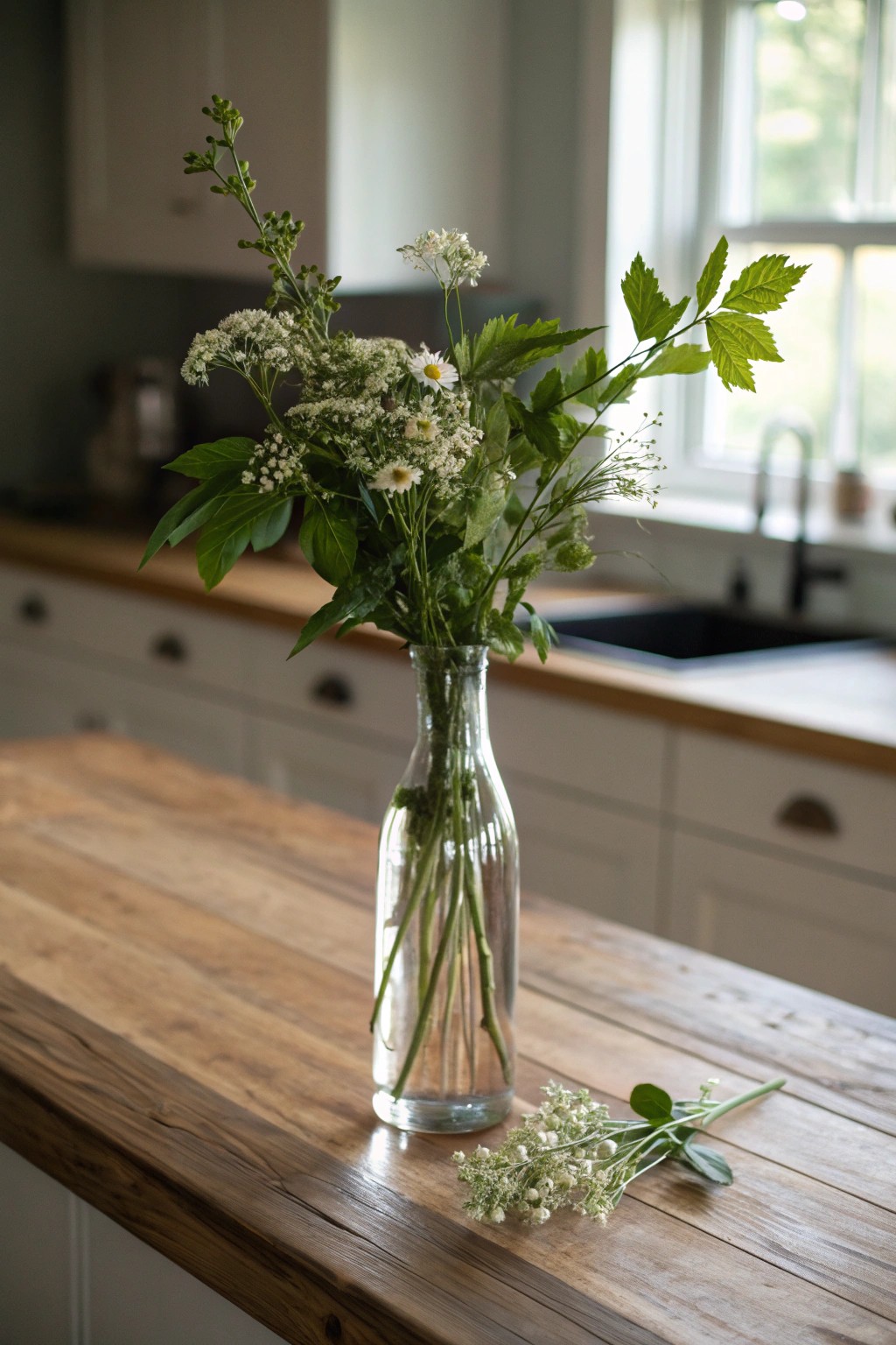 A simple vase of fresh greenery brings effortless charm to your kitchen island.
