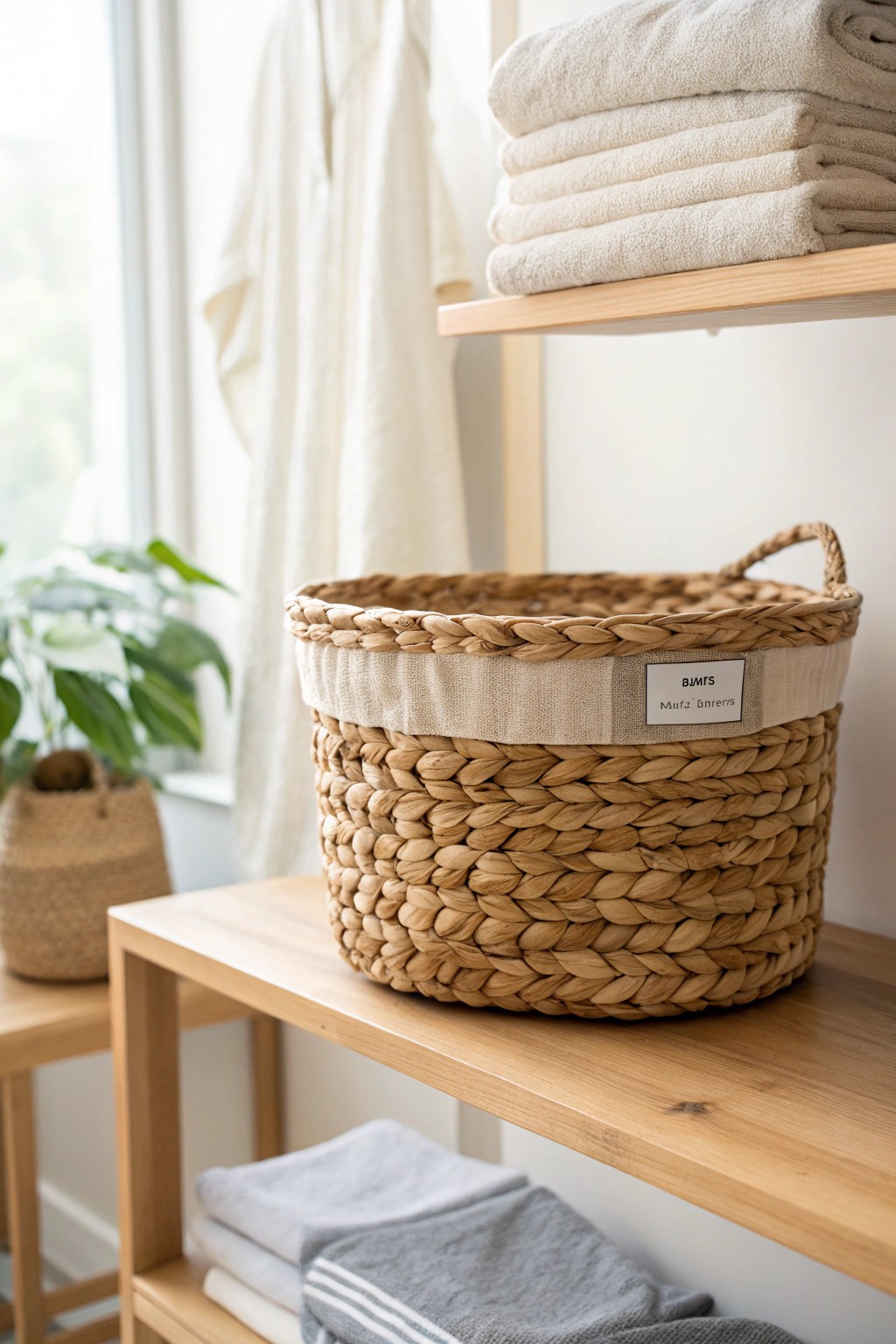 Effortless Laundry Room Harmony: A single woven basket brings natural beauty and seamless organization to your shelves.