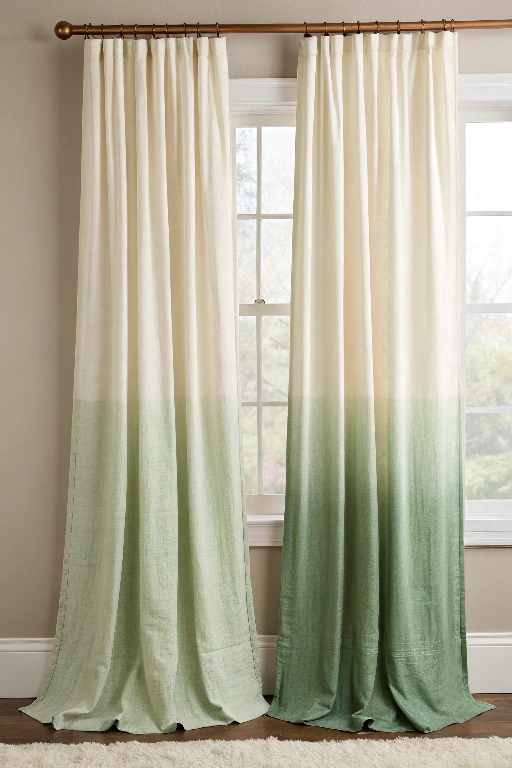 Elevate your living room with the graceful charm of two-toned ombré curtains.
