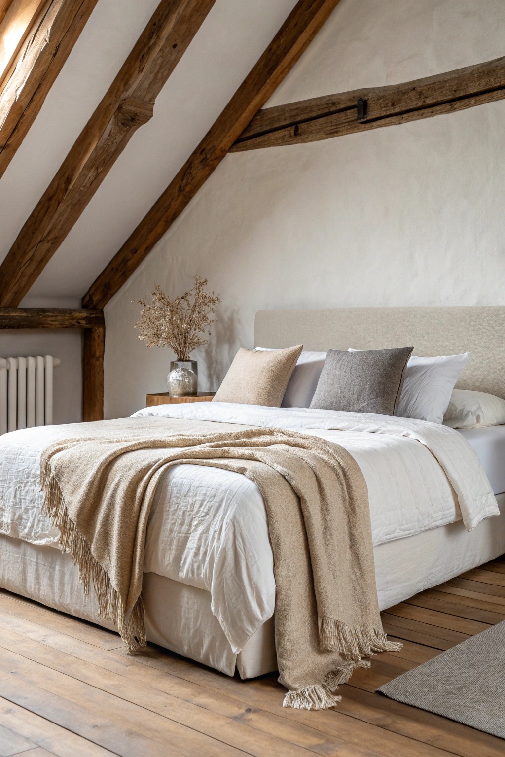 Serene simplicity: Embrace calm with neutral tones and natural textures in your loft bedroom.