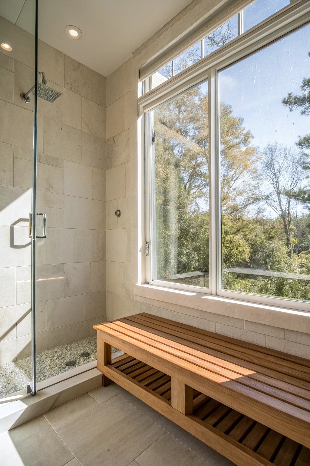 Bathe in daylight: A crafted wooden bench beneath a luminous shower window.