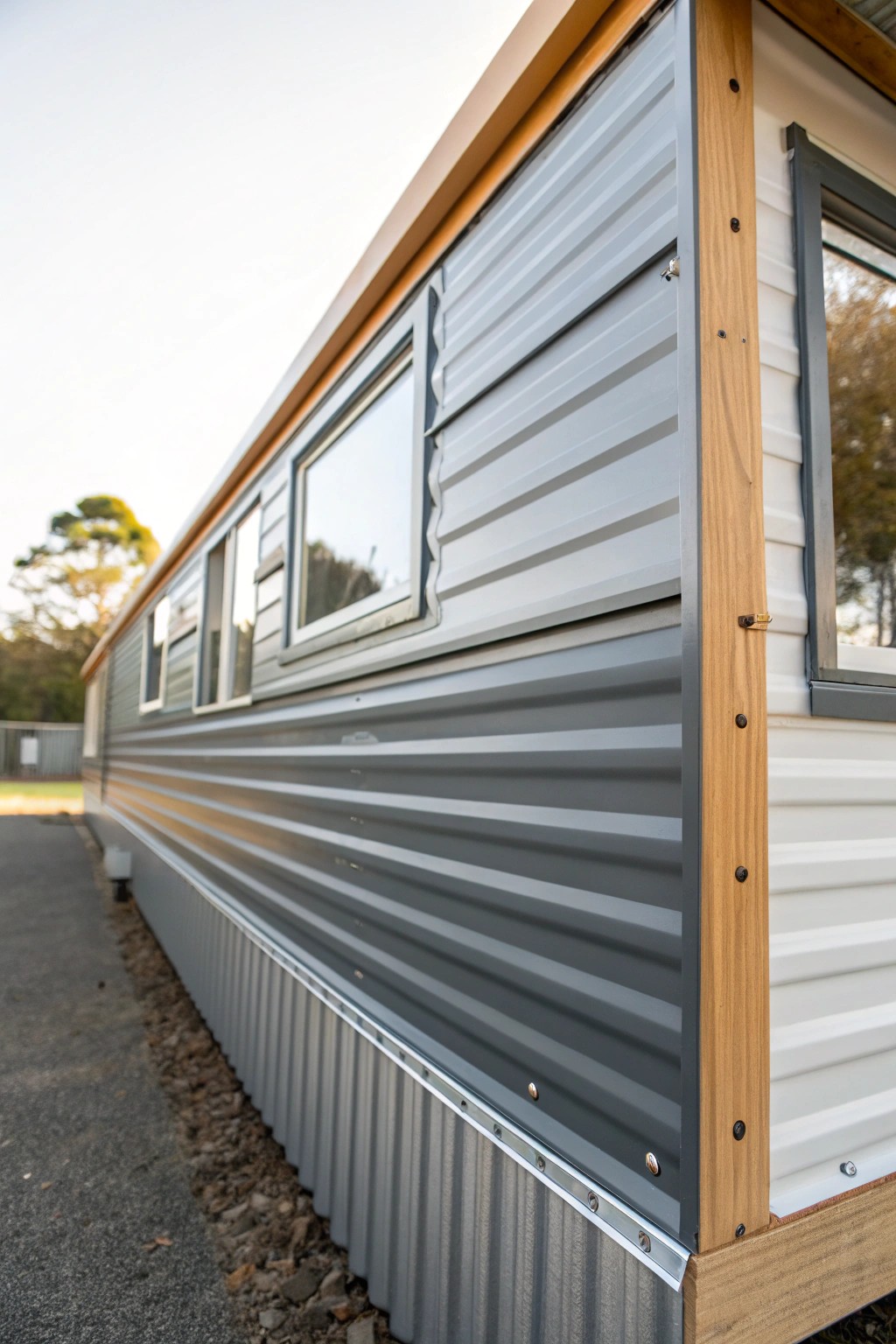 Modern industrial charm: corrugated metal skirting meets natural wood details.