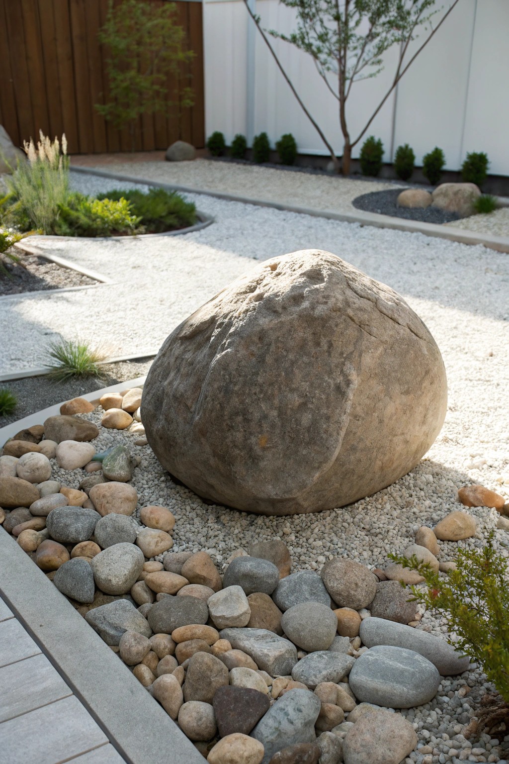 Sculptural boulder centerpiece: effortless elegance for a grass-free backyard.