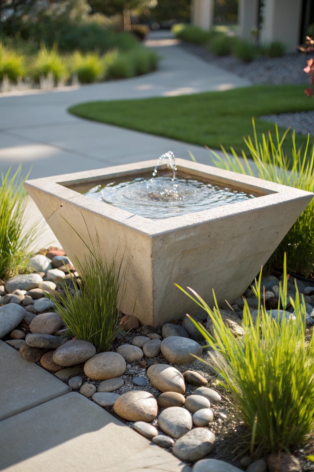 Elevate your backyard with a sleek geometric water feature—simplicity meets serenity.