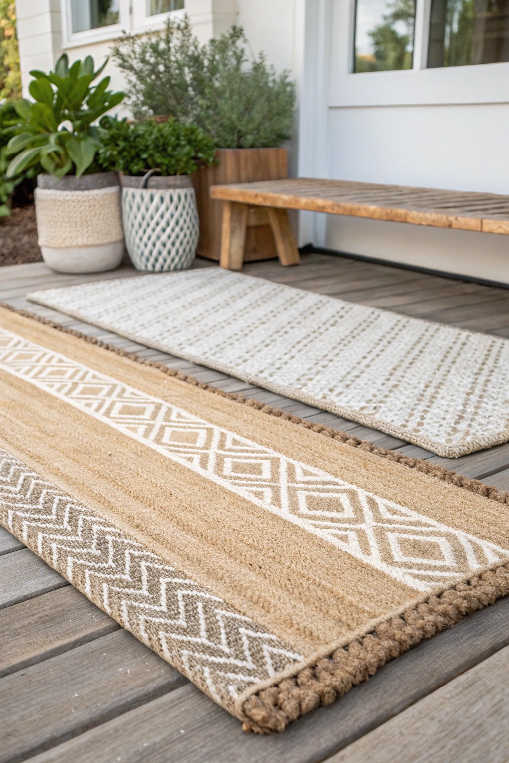 Layered outdoor rugs: effortless texture for a welcoming modern porch.