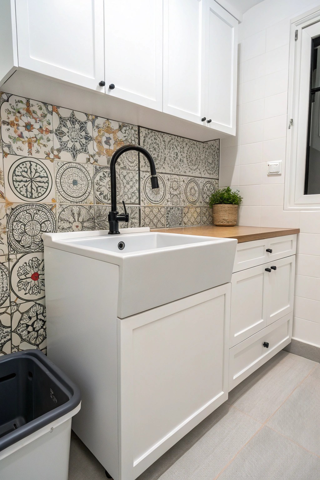 A stylish utility sink brings both practicality and visual interest to the laundry zone.