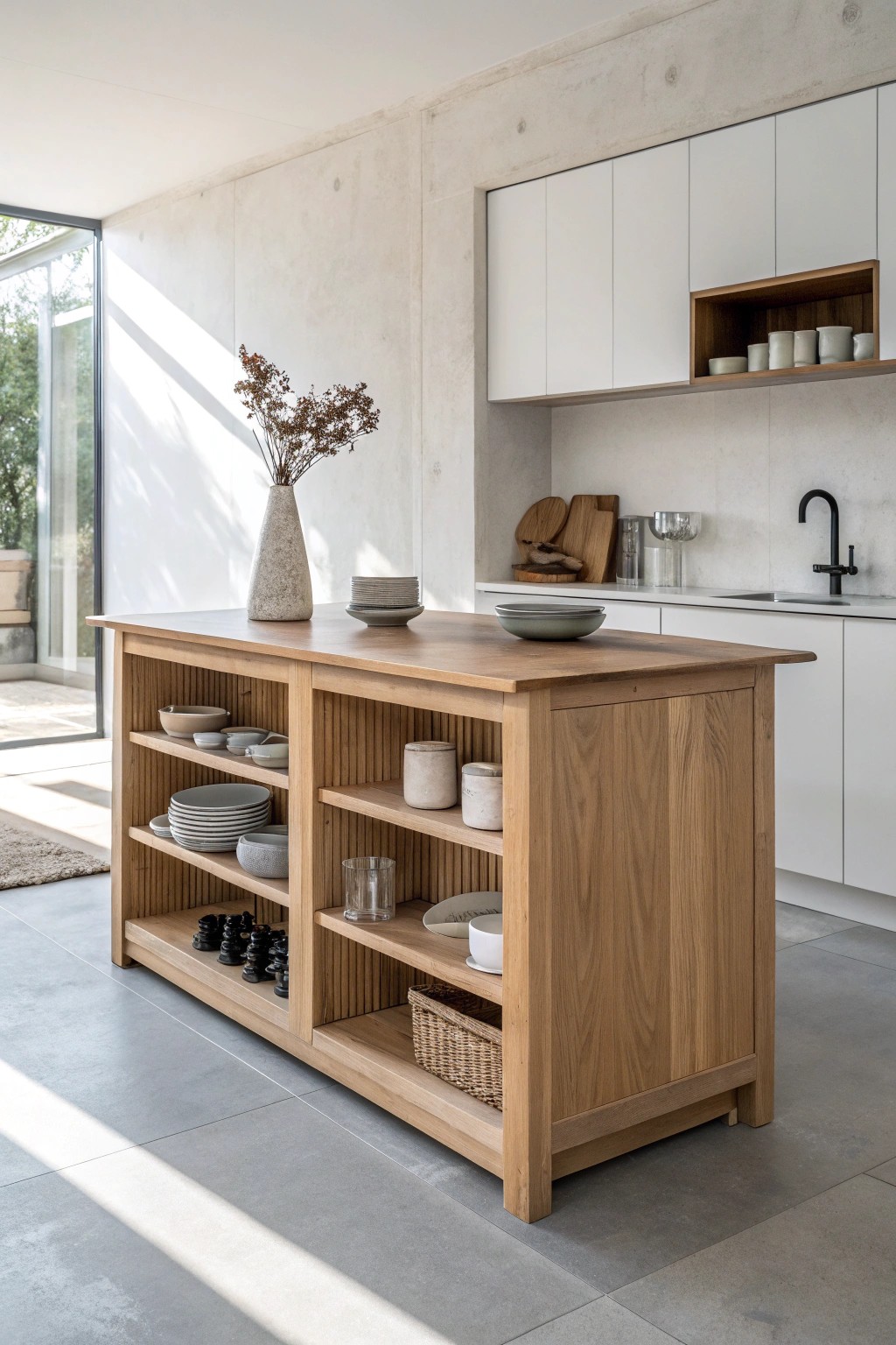 Simplicity meets function: a modern kitchen island with hidden versatility.