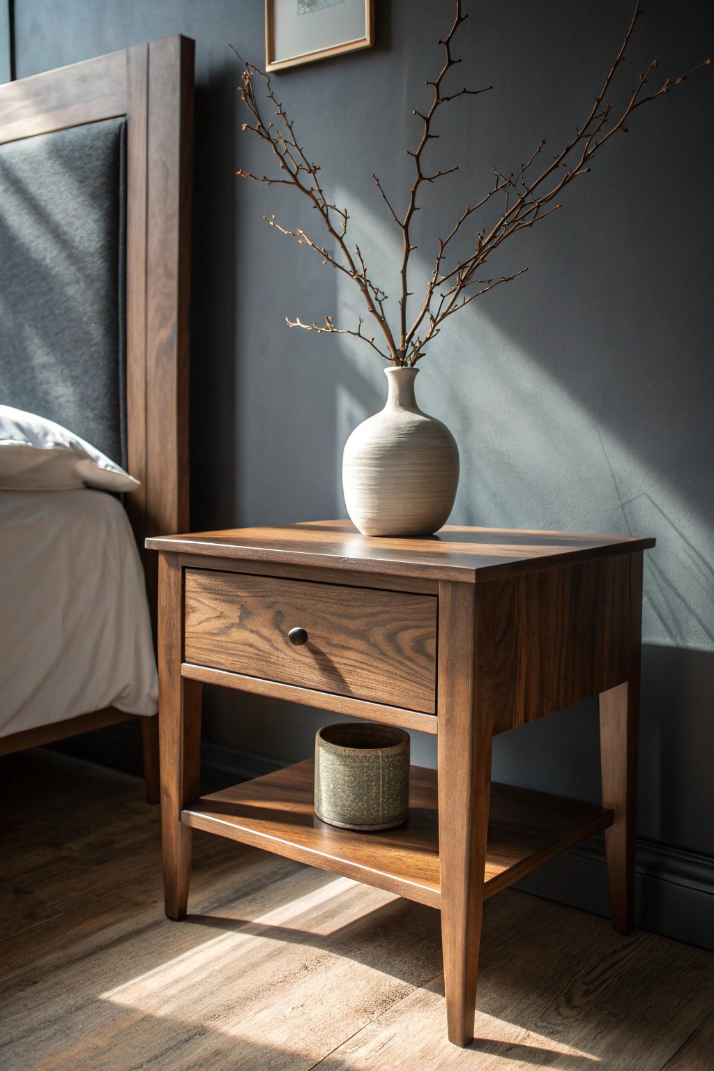 Warm up your moody bedroom with timeless wood craftsmanship.