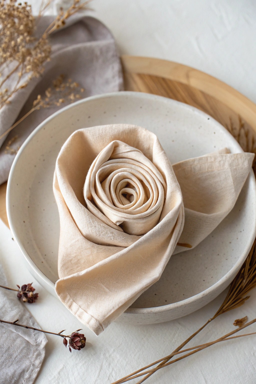 A simple linen napkin folded into a graceful rose—elevate your table with natural elegance.