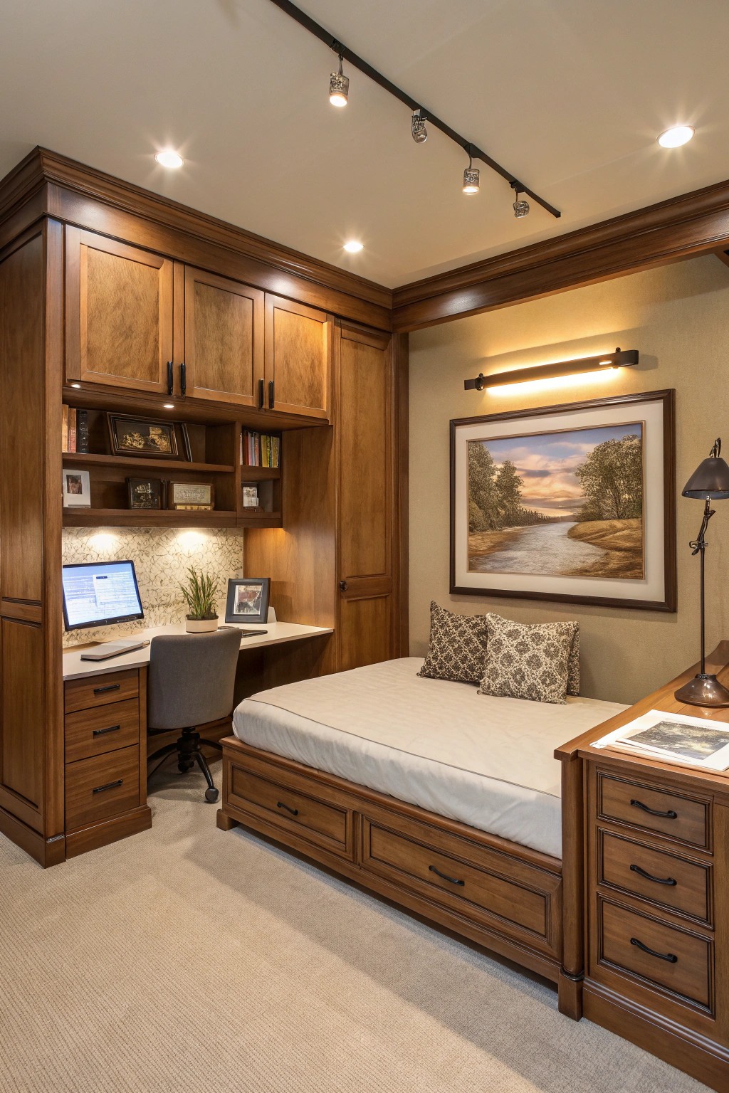 A cabinet bed cleverly conceals sleeping quarters within a stylish office setup.
