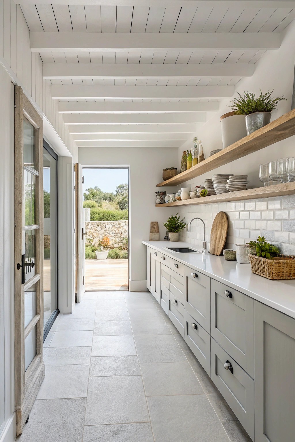 A minimalist palette creates calm and clarity in this open kitchen setting.