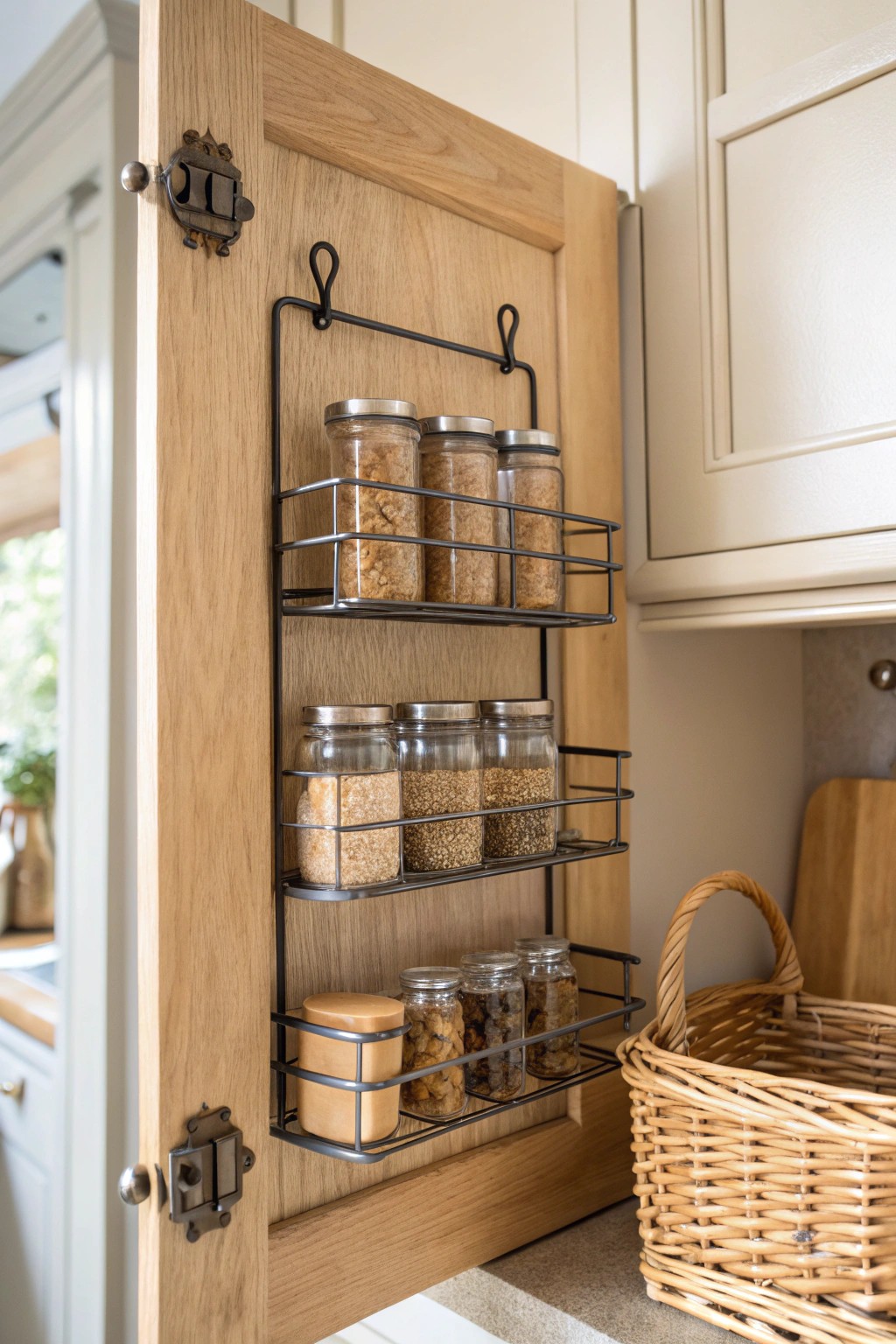 Effortless organization: maximize pantry space with elegant door-mounted racks.