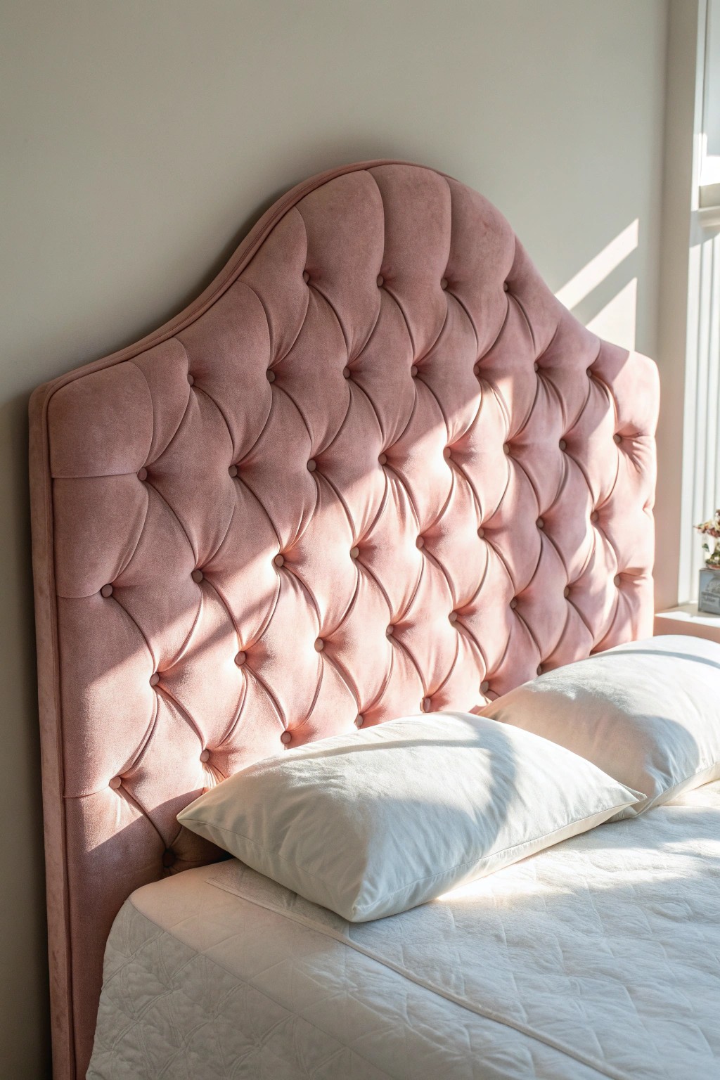 Make a statement with a blush pink tufted headboard—simple, stunning, and timeless.