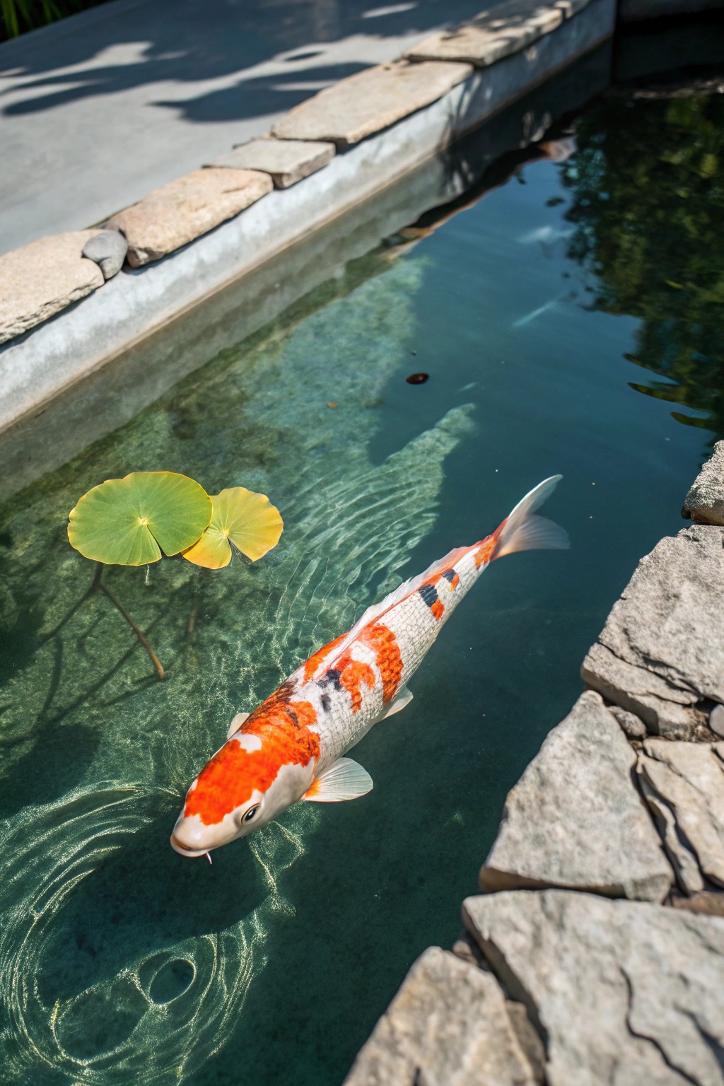 A moment of tranquil beauty: a graceful koi glides through clear waters.