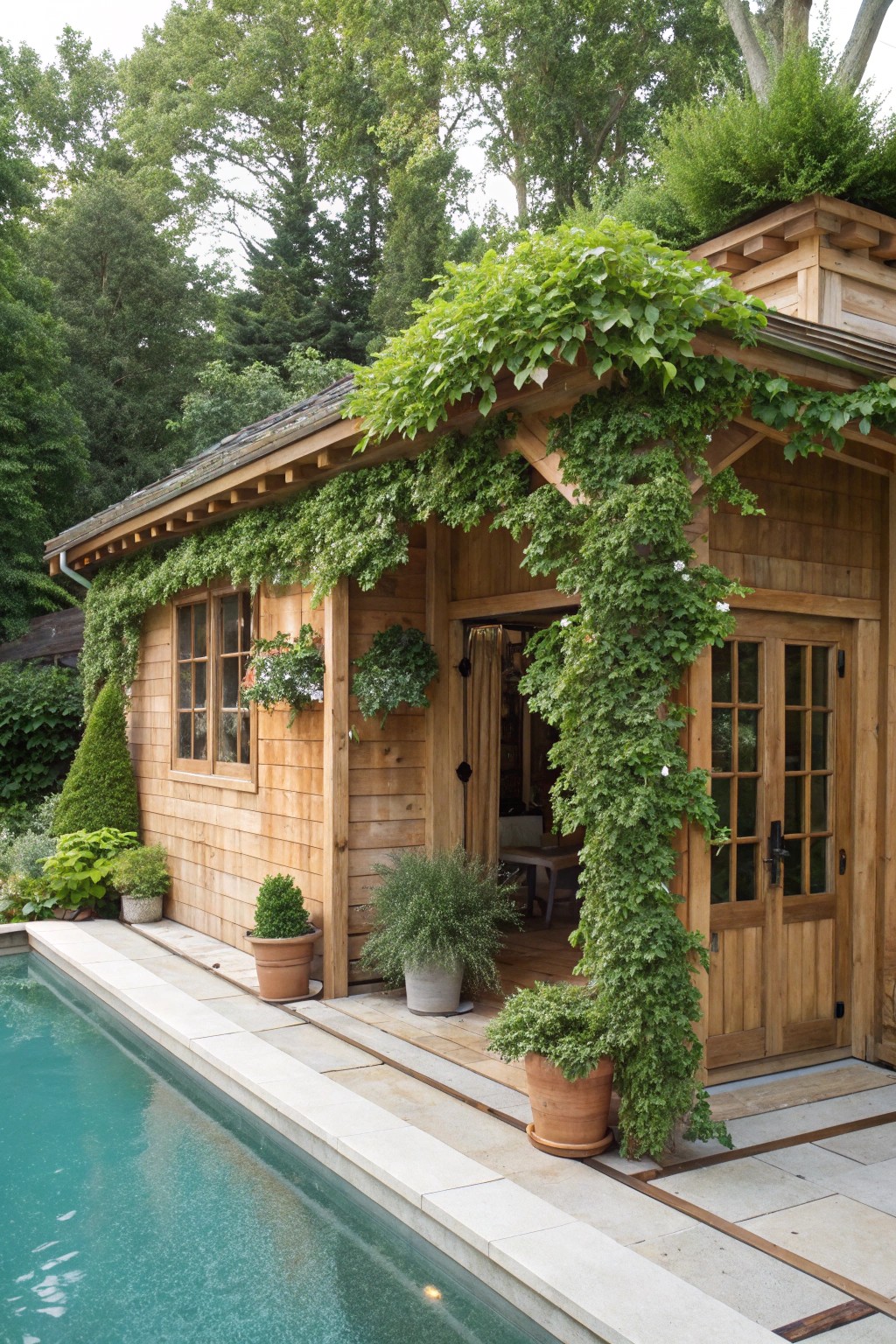 A tranquil pool house embraced by greenery—where craftsmanship meets nature.