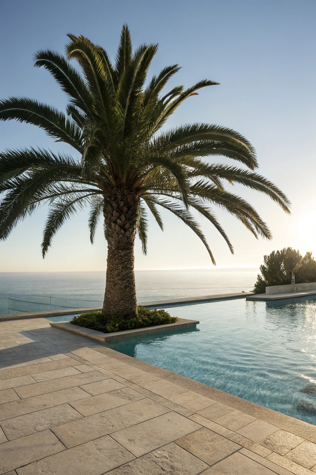 Bring vacation vibes home with a single statement palm by your pool.