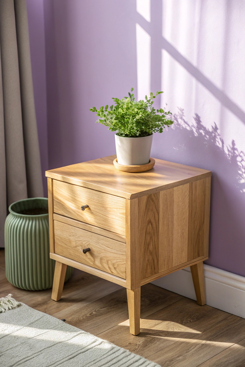Natural wood and lush greens bring out the tranquil beauty of purple in your bedroom.