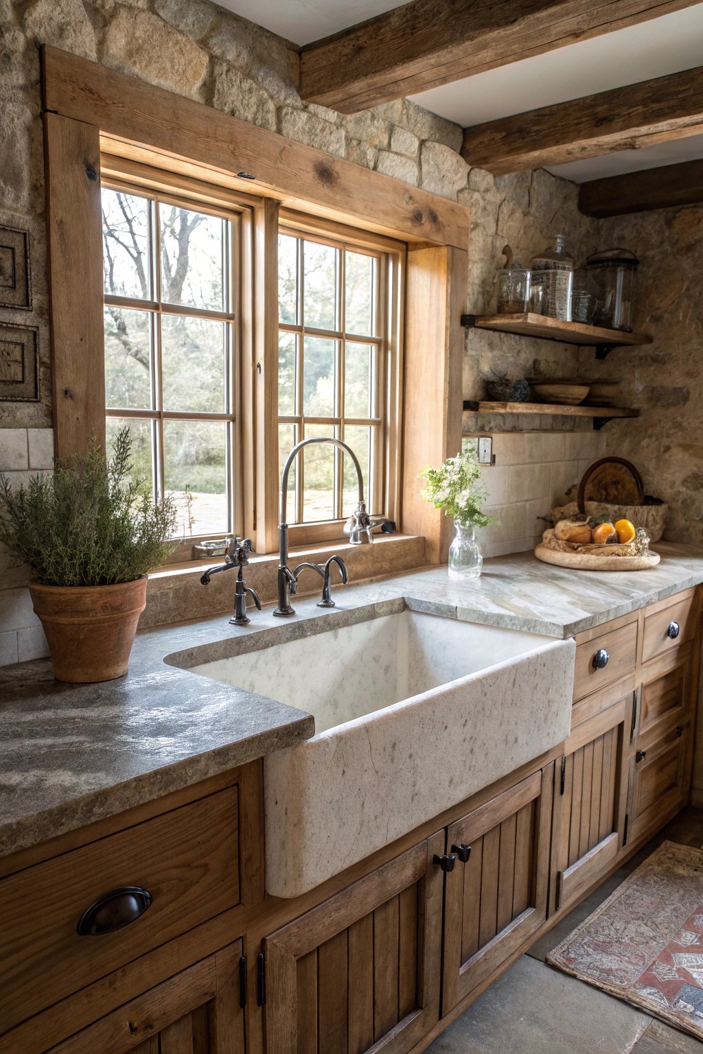 A farmhouse sink brings heritage style and deep utility to the kitchen.