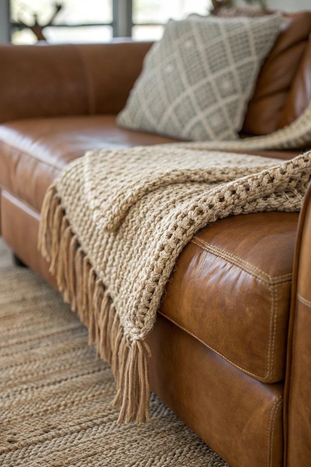 Layer natural textures for a cozy, rustic living room vibe.