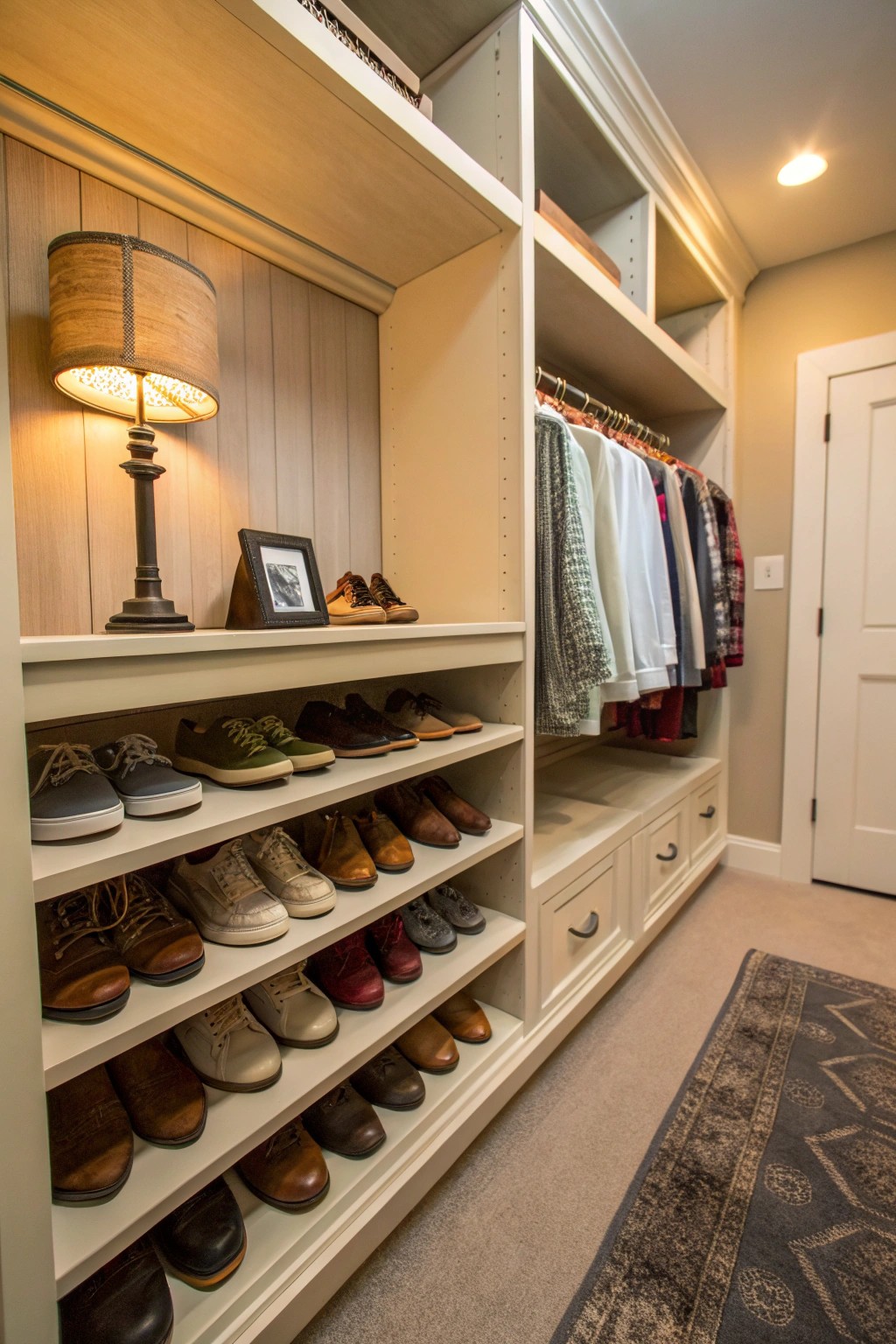 A handmade wooden shelf keeps your shoe collection accessible and orderly.