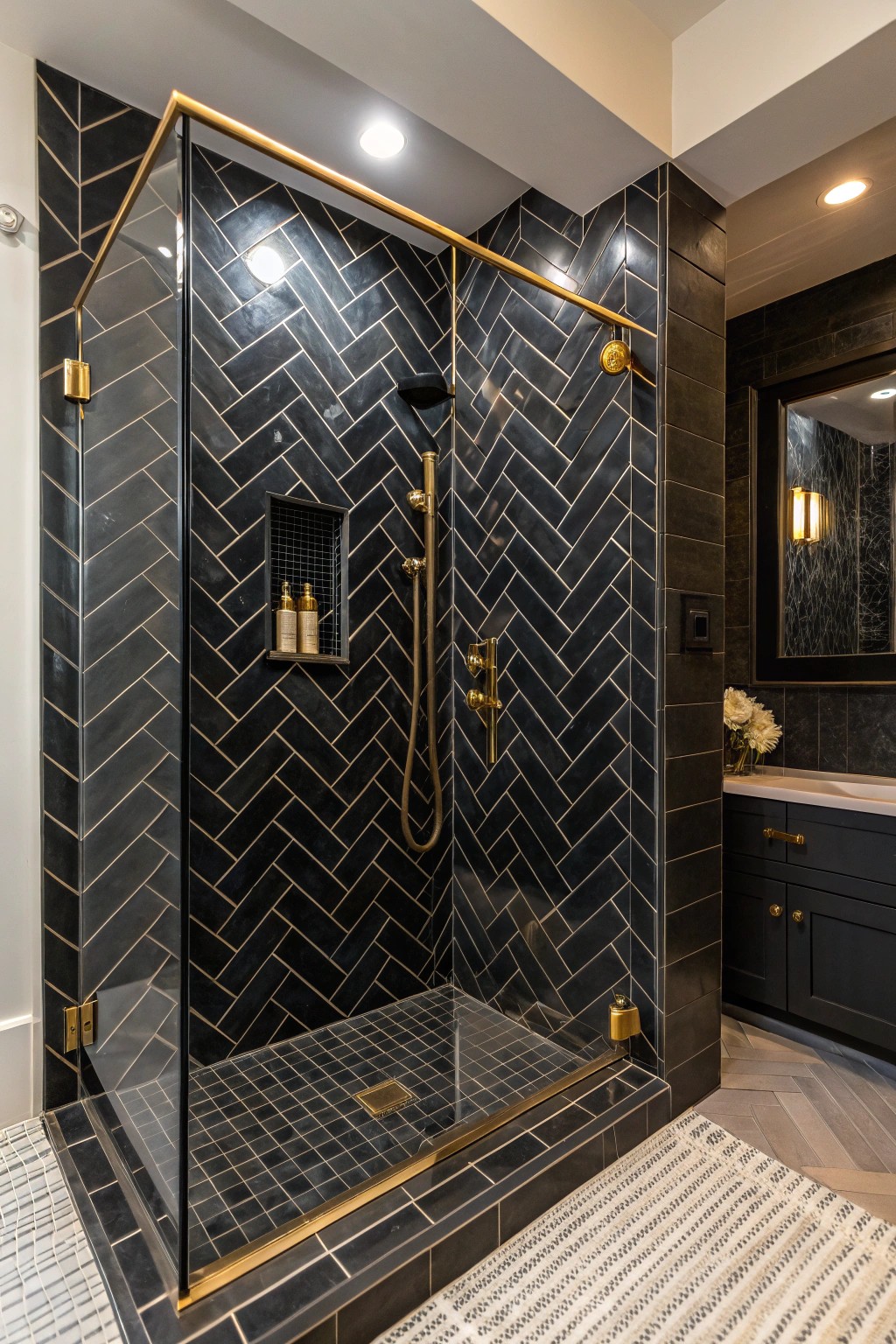 Bold black tiles create a striking modern statement with high contrast and sophistication.