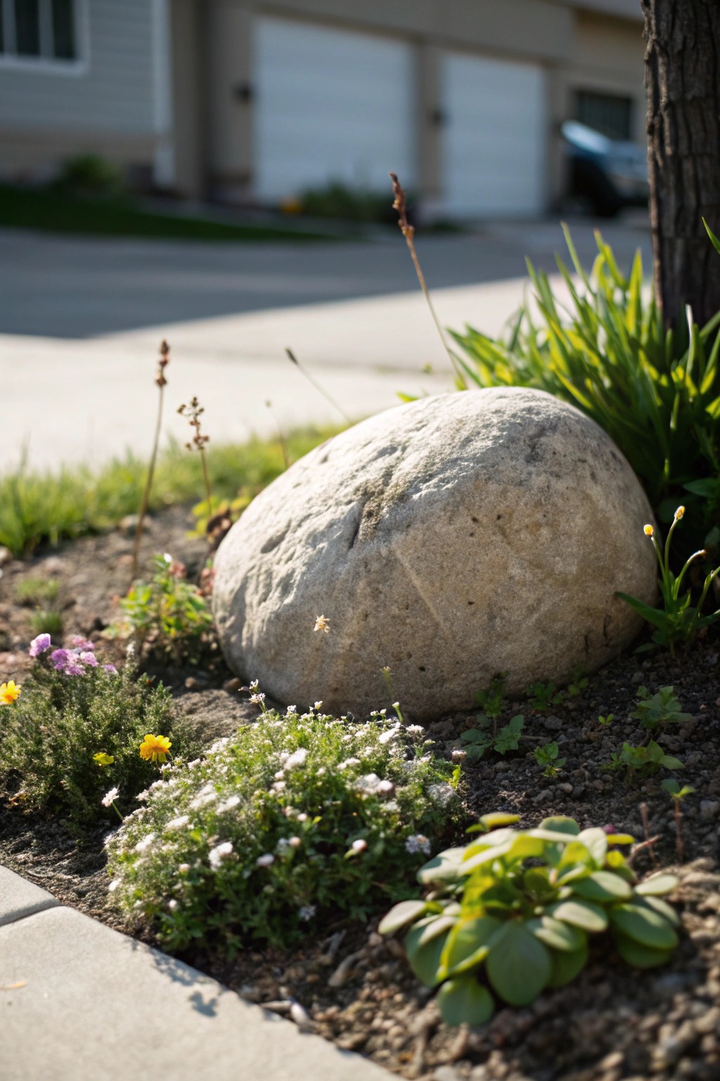 Elevate your flower bed with the simple beauty of a statement rock.