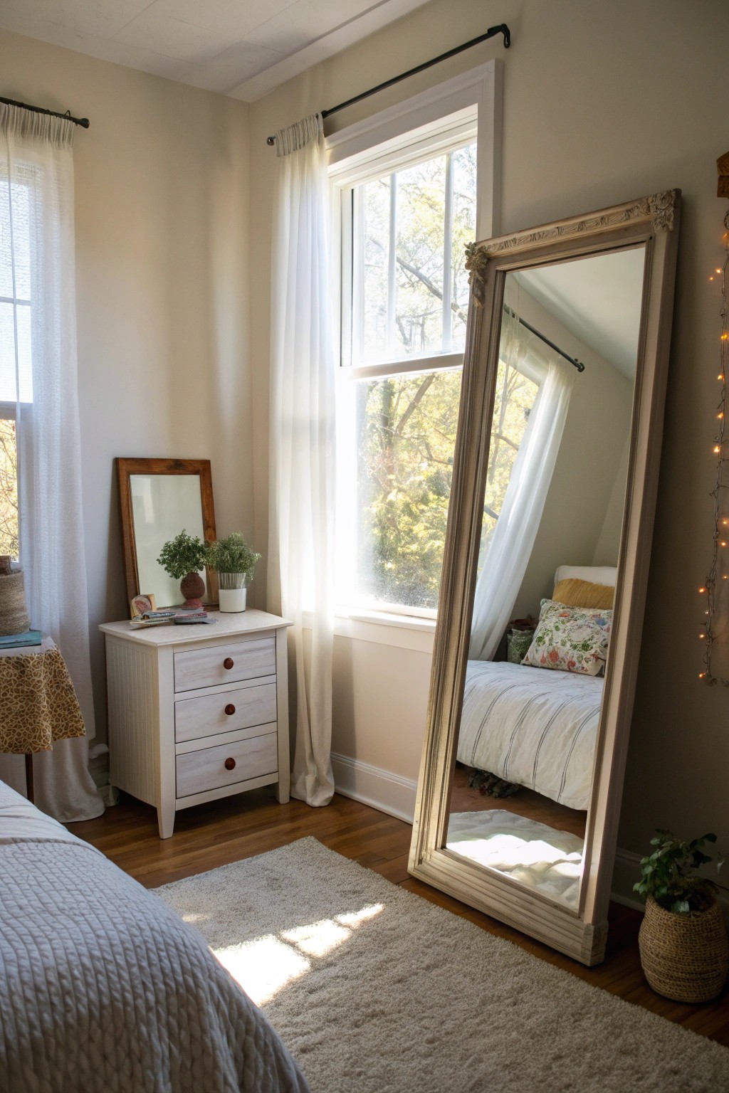 Mirrors visually expand a small bedroom and amplify natural light.
