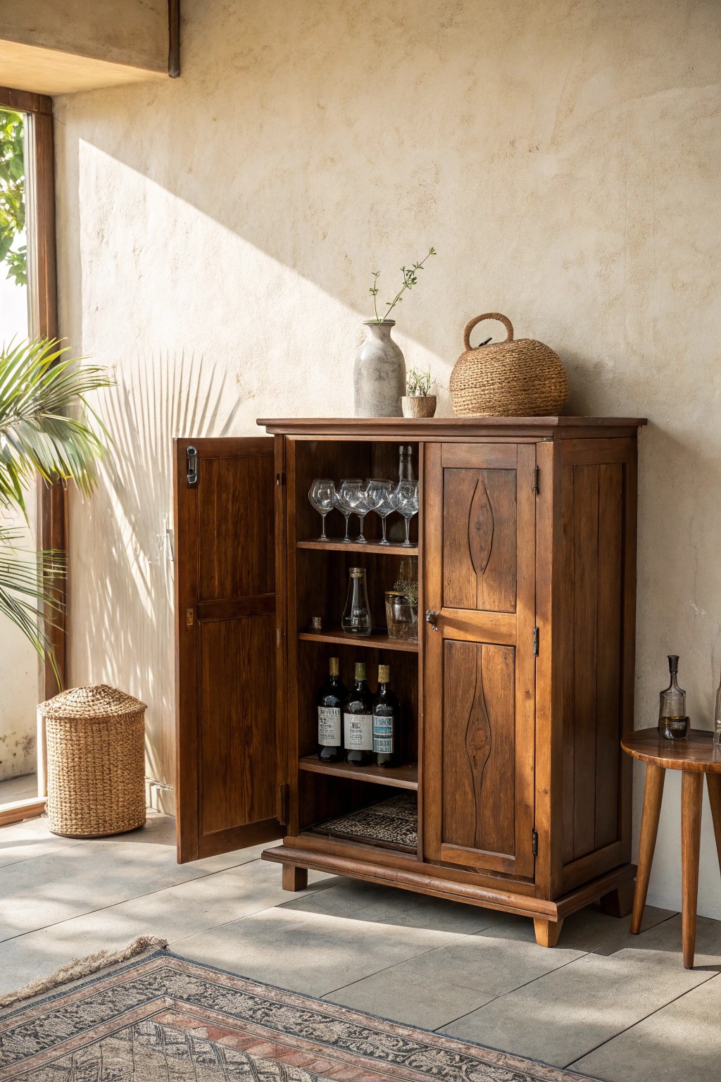 Compact vintage bar cabinet—where simplicity meets style.