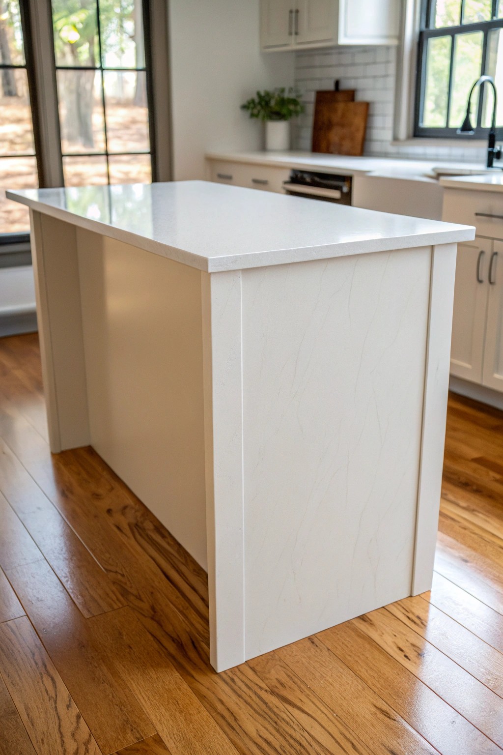 Elevate your small kitchen with a seamless waterfall countertop—where simplicity meets stunning craftsmanship.
