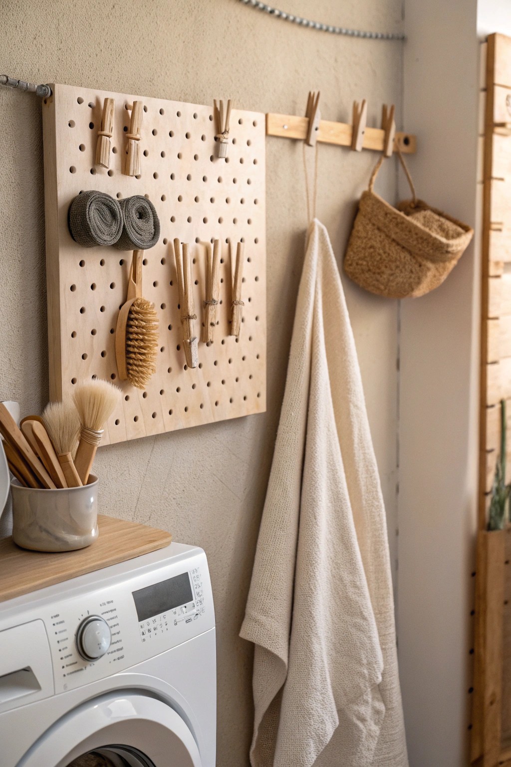 Elevate your laundry space with a minimalist pegboard for stylish, functional storage.