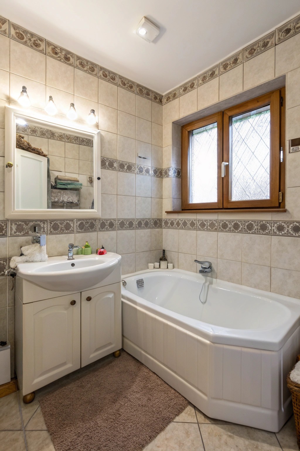 A corner sink and tub arrangement makes smart use of every inch.