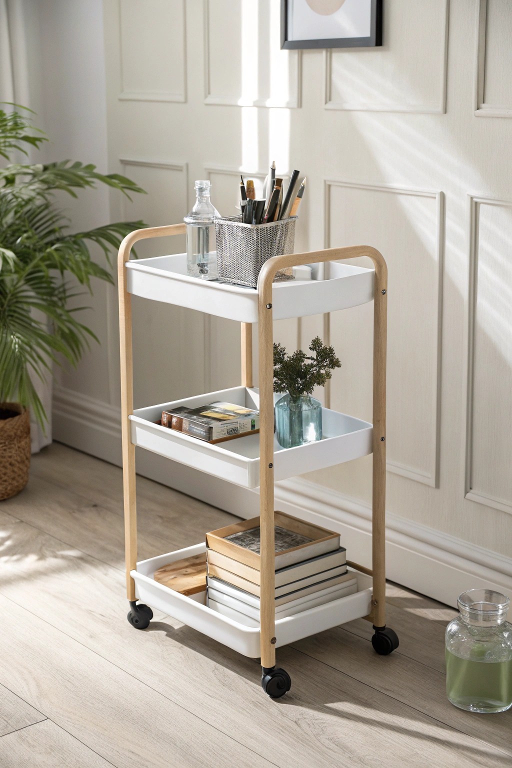 Effortlessly organized: a beautiful rolling cart brings flexible storage and style to any workspace.