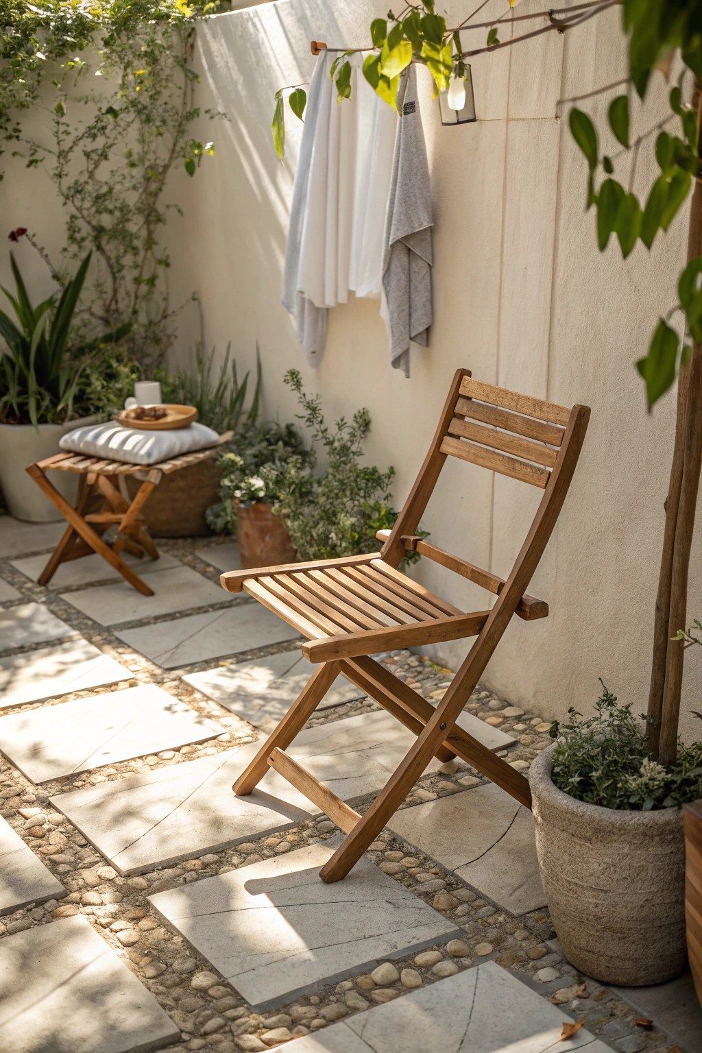 Effortless charm: a foldable chair brings beauty and flexibility to your small patio.