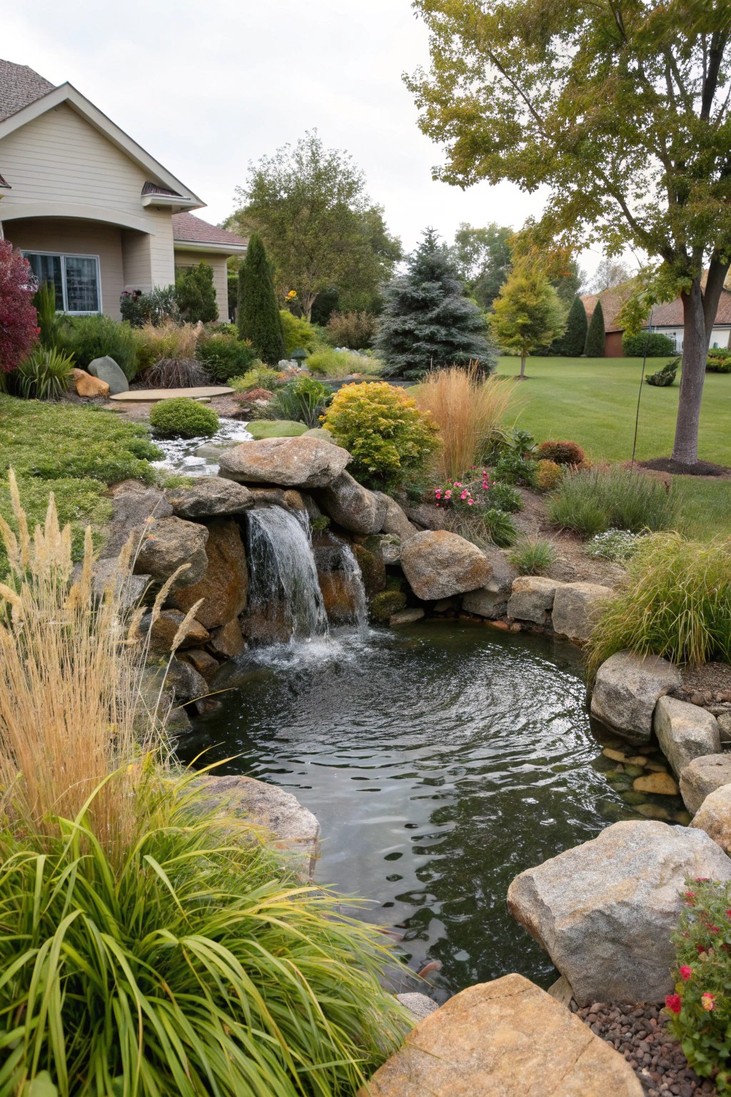 A small pond with oversized boulders for a dramatic waterfall effect.