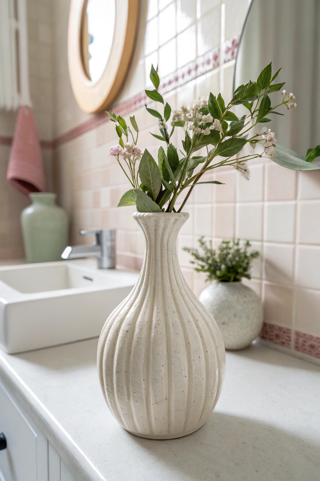Soft pastels and handcrafted details bring airy elegance to even the smallest bathrooms.
