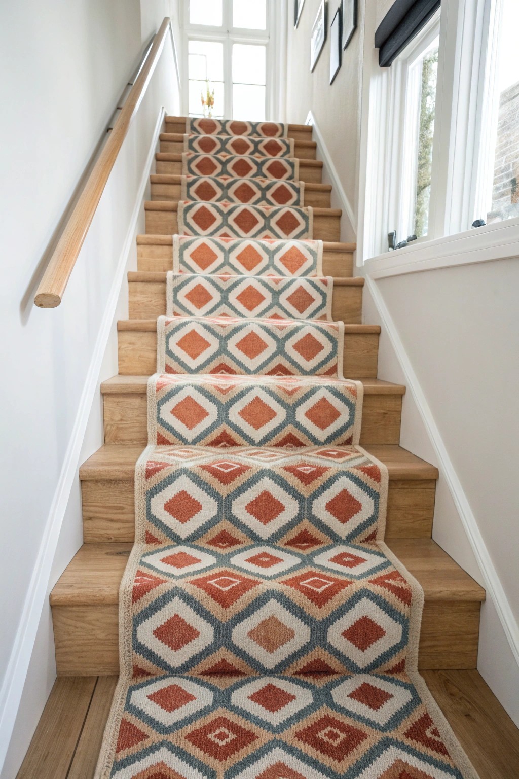 Elevate your stairs with a handcrafted geometric runner—where art meets simplicity.