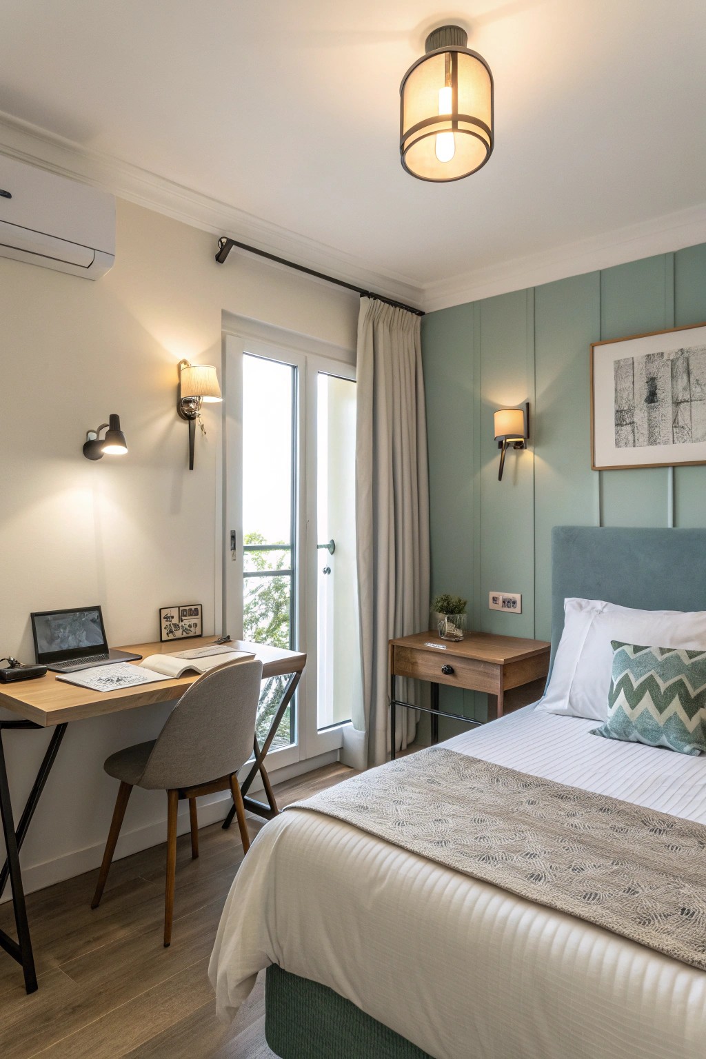 Wall-mounted lighting keeps surfaces clear and space feeling light.
