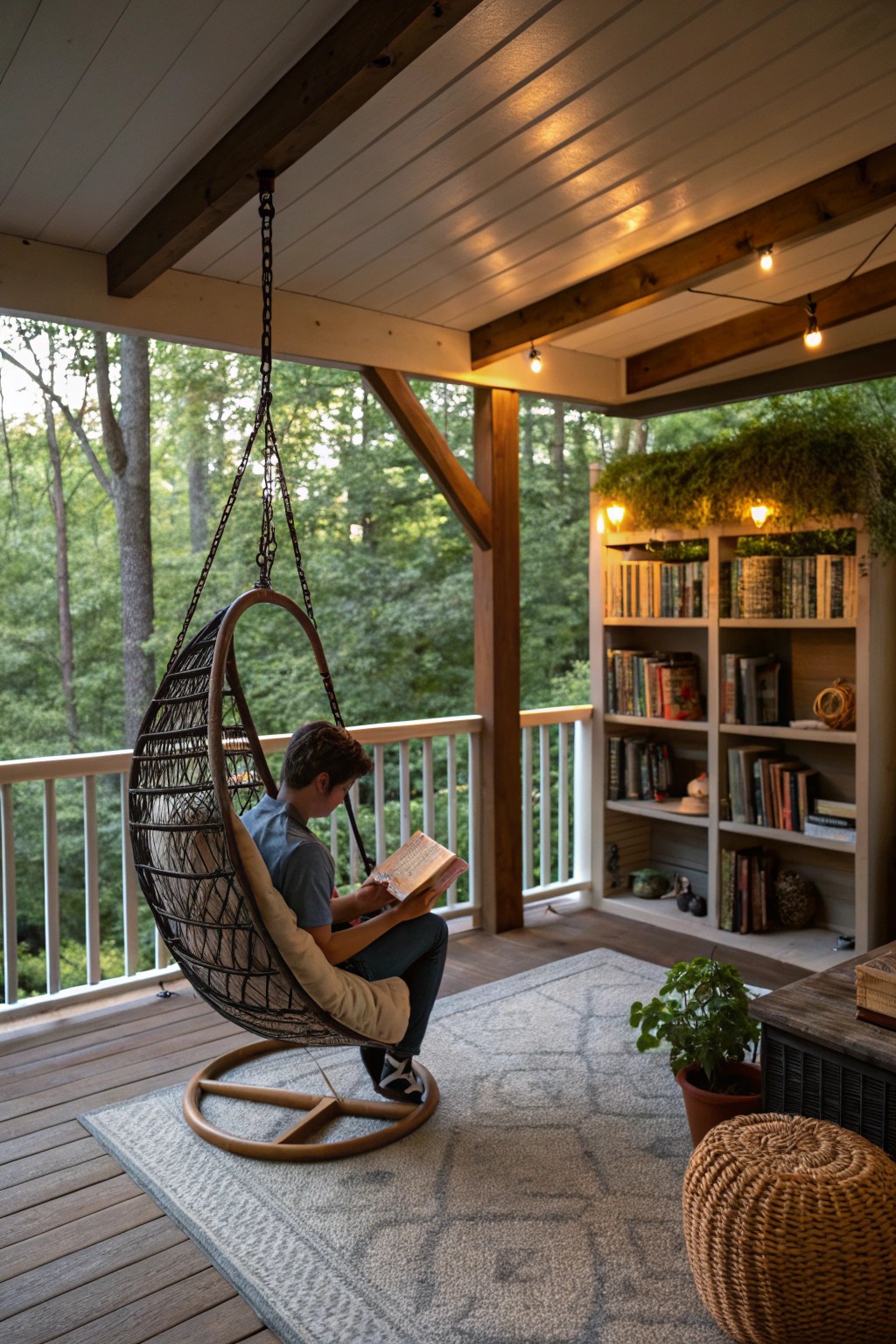 A tranquil reading retreat under the deck is an invitation to slow down and savor the moment.