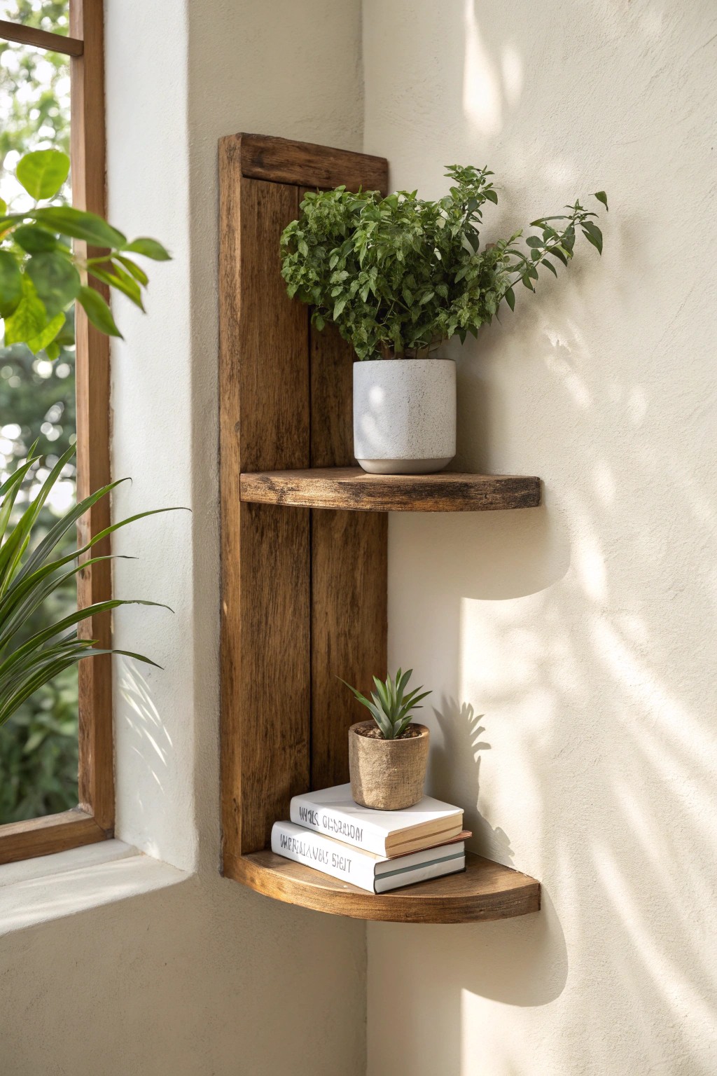 Transform awkward corners into serene spaces with a handcrafted wooden shelf.