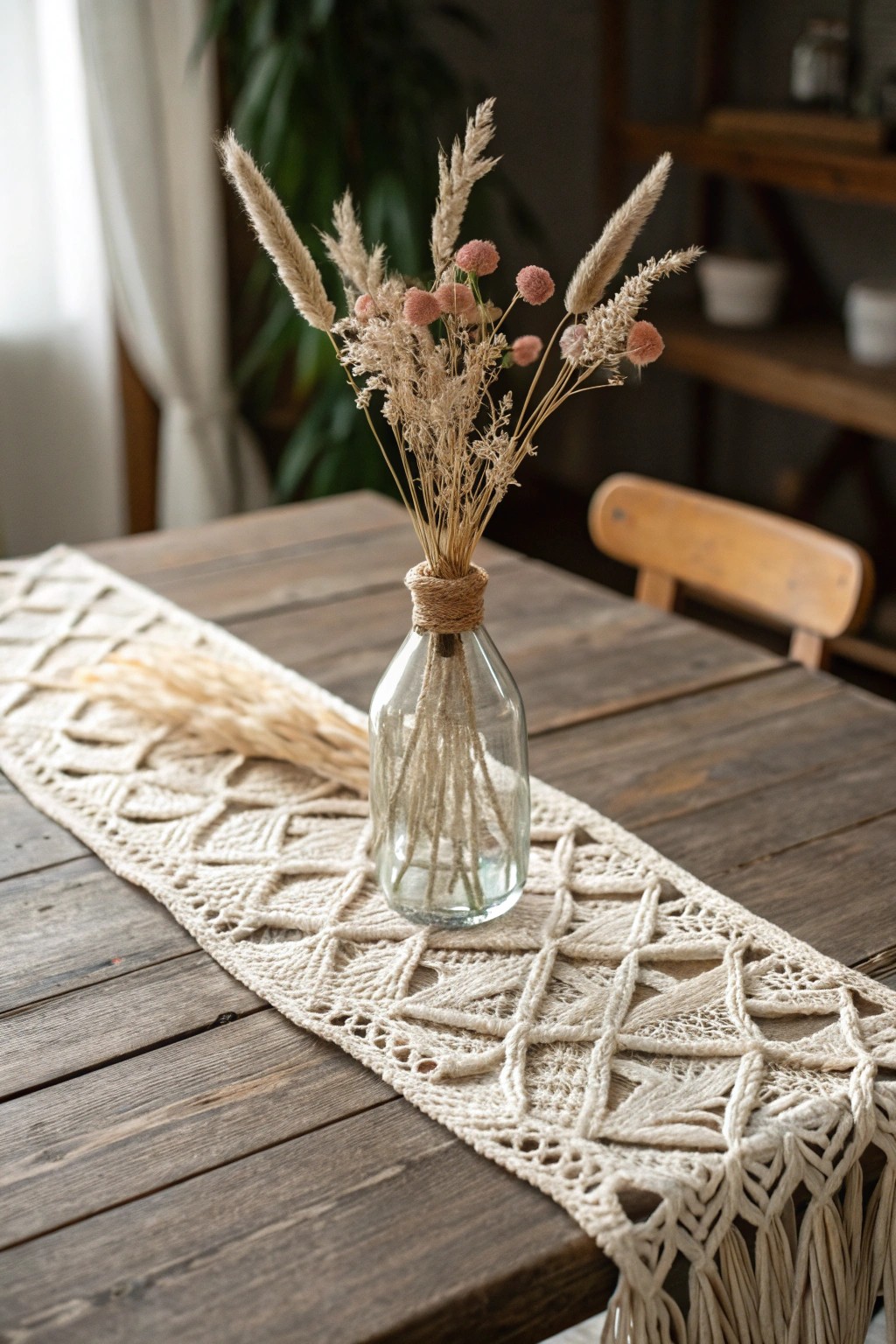 Boho-chic wedding centerpiece: macramé runner and dried florals for effortless elegance.