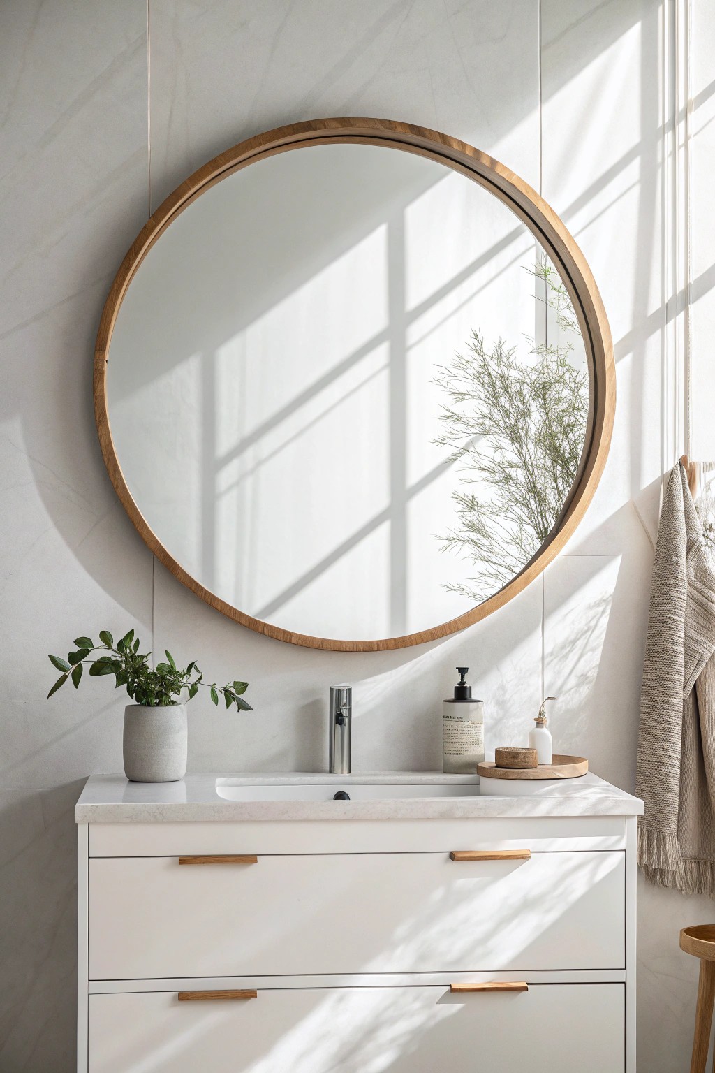 Elevate your white bathroom with a handcrafted, oversized statement mirror.