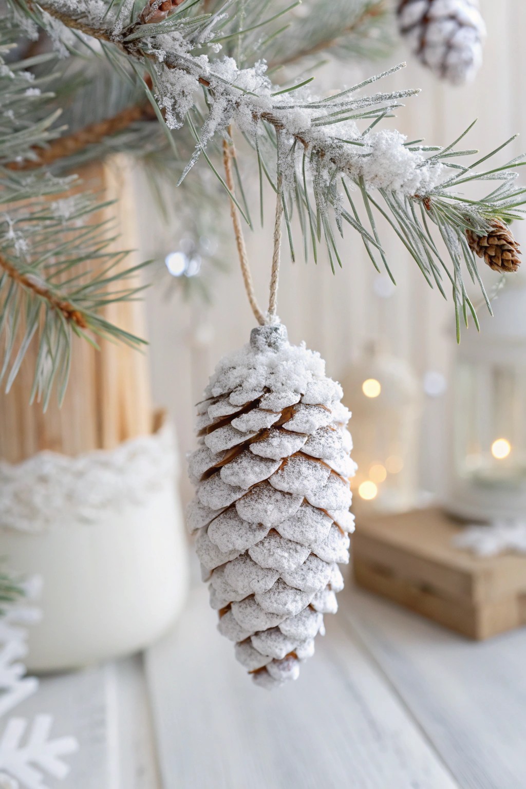 Bring cozy woodland charm to your white Christmas tree with a hand-sprayed pinecone ornament.