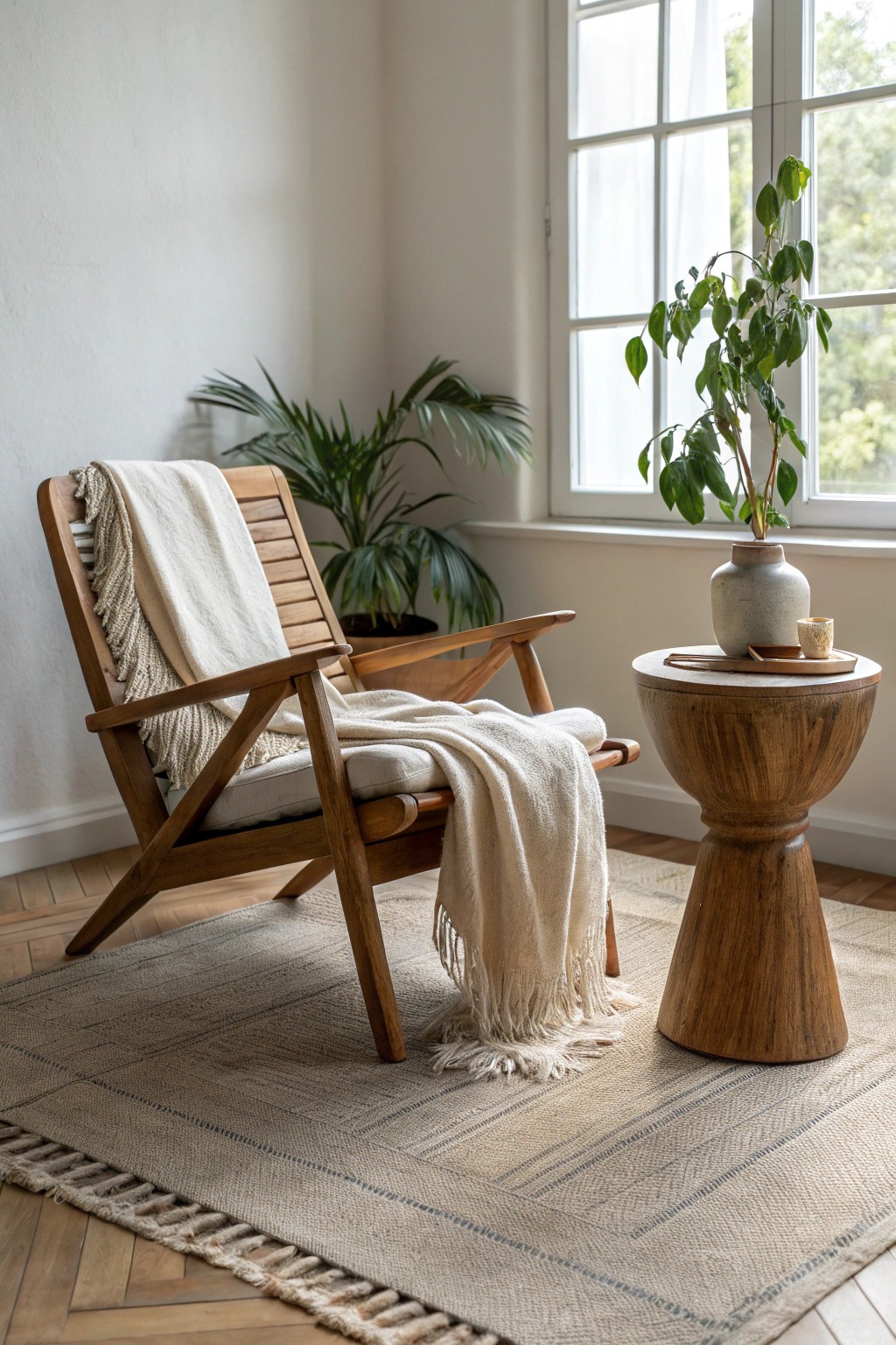Asymmetry in harmony: a crafted armchair finds balance in an unexpected layout.