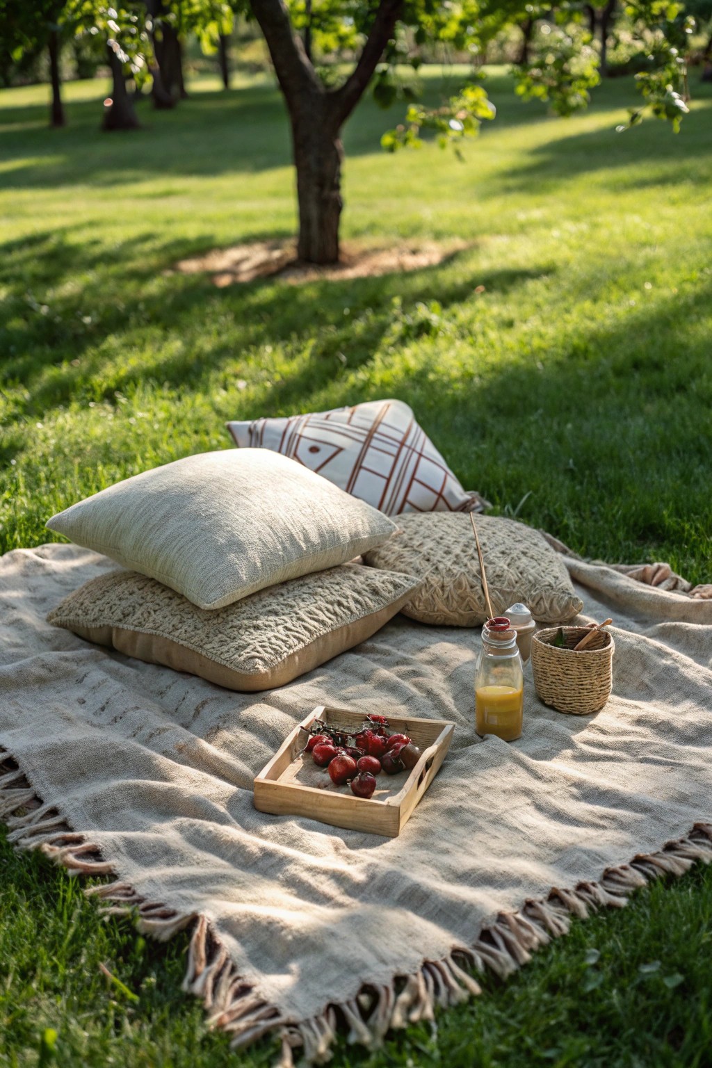 Create a dreamy backyard lounge with cozy picnic blankets and soft sunlight.