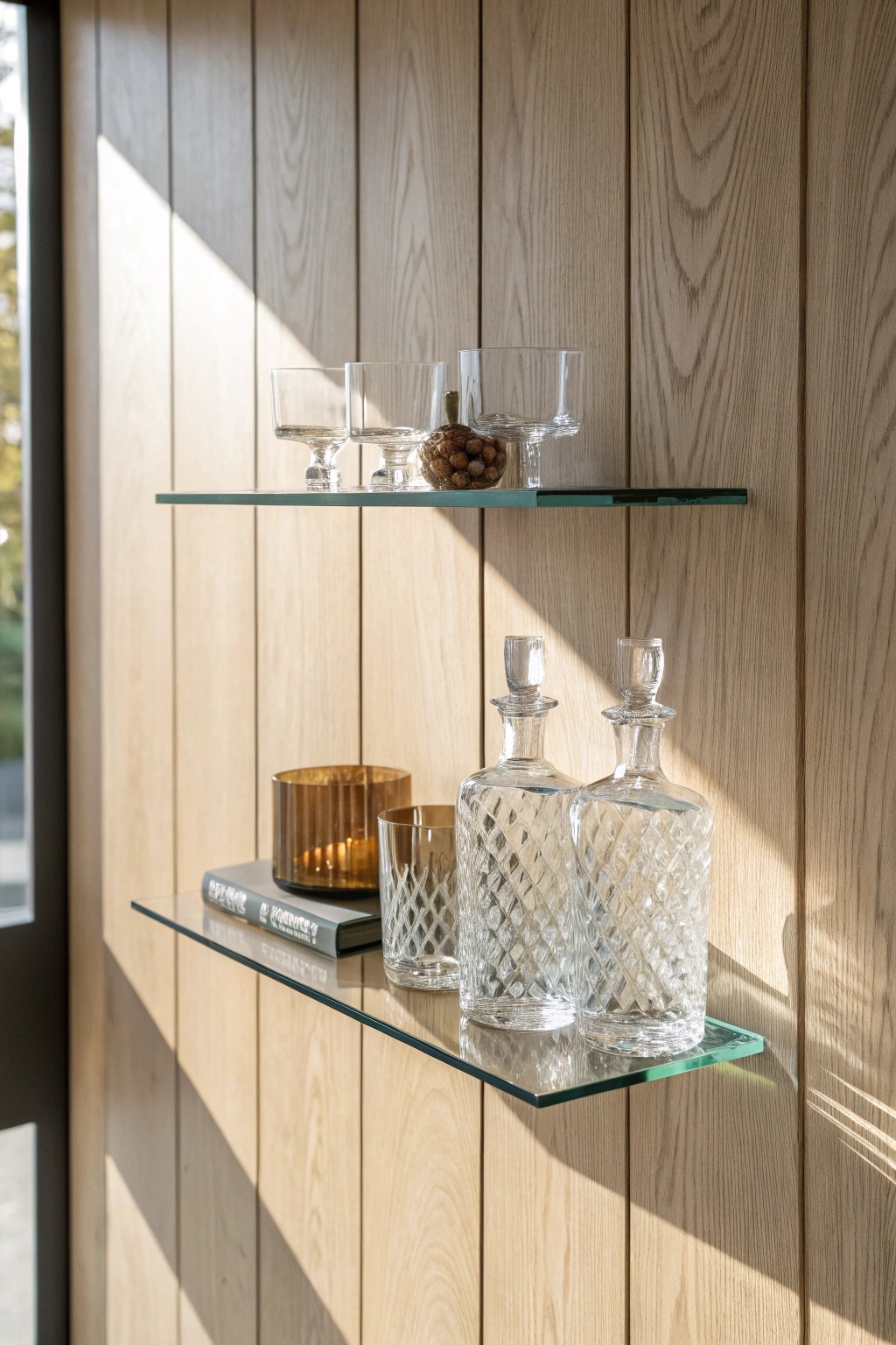 Elevate your bar with minimalist floating glass shelves—where beautiful bottles seem to float on air.