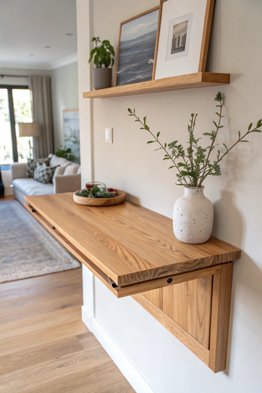 Space-saving style: a minimalist fold-down bar top blends function with natural beauty.